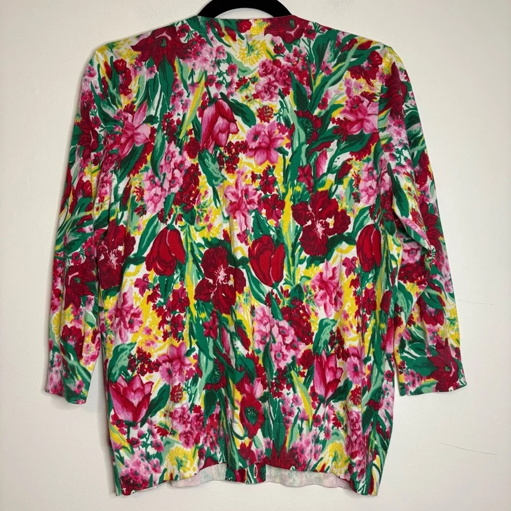 Talbots LP Petite Cardigan‎ Bold Red Pink Yellow Green Floral Cotton Rayon